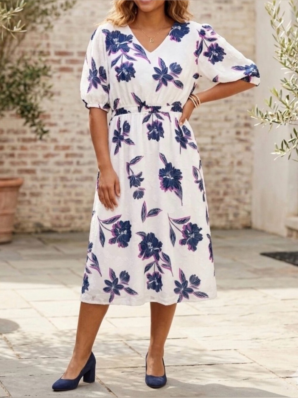 Draper James White Midi Dress with Navy and Pink Floral Print